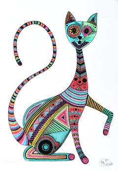 Photo de l'article Illustration chat stylisé en couleurs – affiche A3 signée sans cadre, idéale pour déco ou cadeau