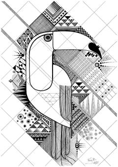 Illustration A3 noir et blanc d’un toucan stylisé, sans cadre – une idée déco graphique et originale / Zwart-wit illustratie A3 van een gestileerde toekan, zonder kader – een originele wanddecoratie / Black and white A3 illustration of a stylized toucan, unframed – a bold and original wall art idea
