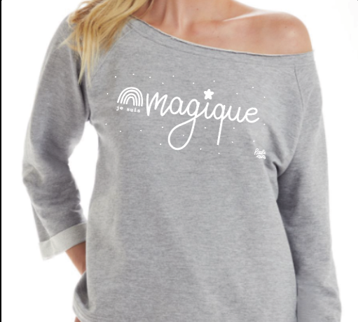 Studio Little Dots Sweat col bateau gris "magique" – coupe féminine, confortable et inspirante / Grijze boothals trui "magique" – vrouwelijk, comfy en inspirerend / Grey boat-neck sweatshirt "magique" – soft, flattering & inspiring